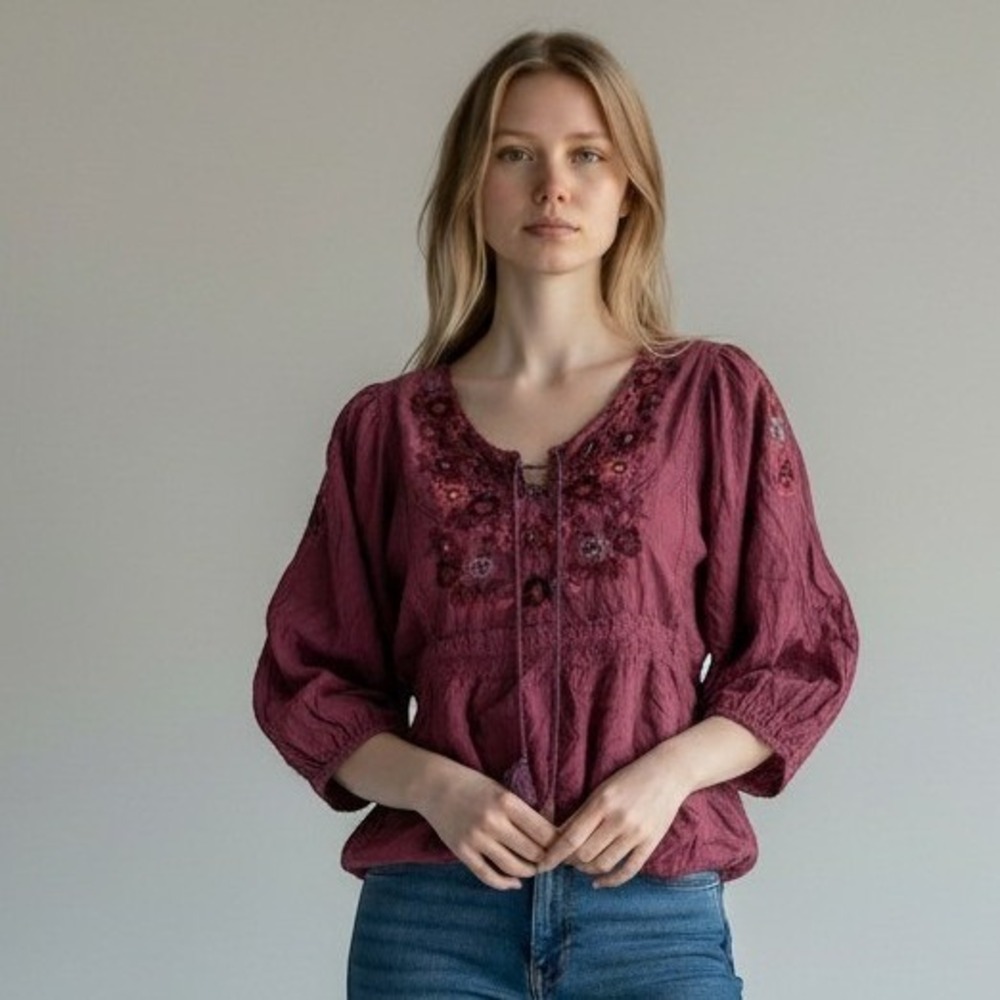VAC Nine West Peasant Blouse Women Medium Burgundy Embroidered Boho Tassel Top